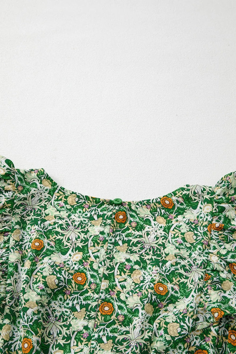 Floral Flutter Sleeve V - Neck Sashed Ruffled Mini Dress - CELIVINE