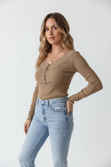Eyelet V - Neck Long Sleeve Top - CELIVINE