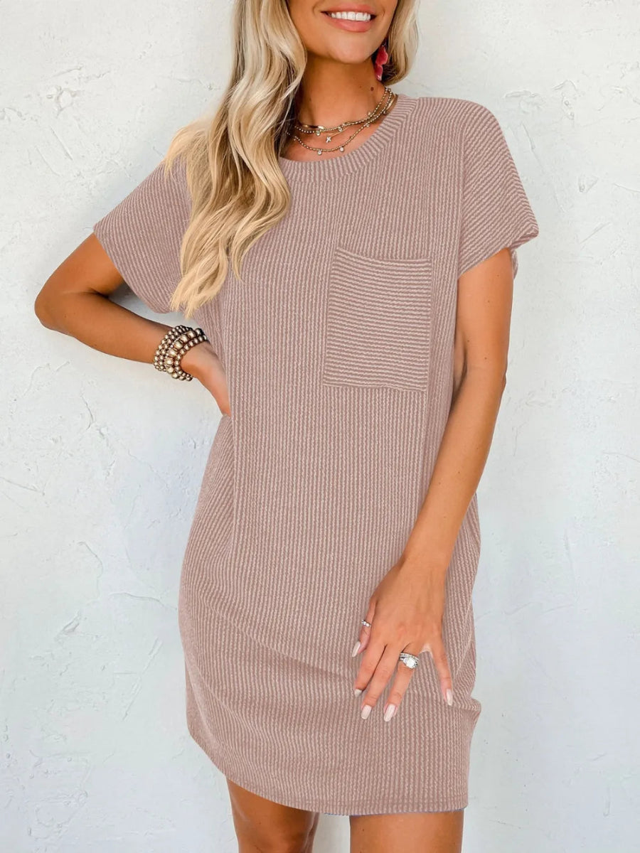 Round Neck Short Sleeve Mini Dress - CELIVINE