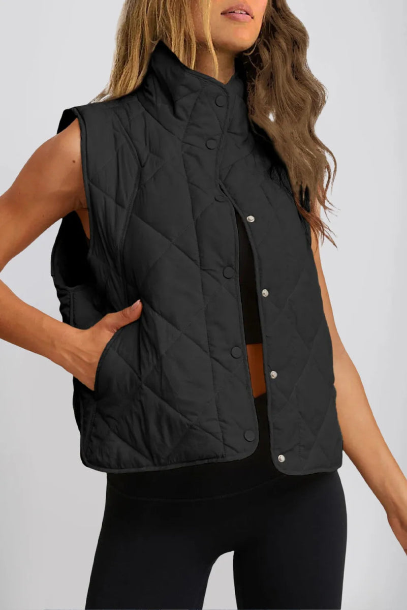 Snap Down Texture Vest Coat with Pockets - CELIVINE