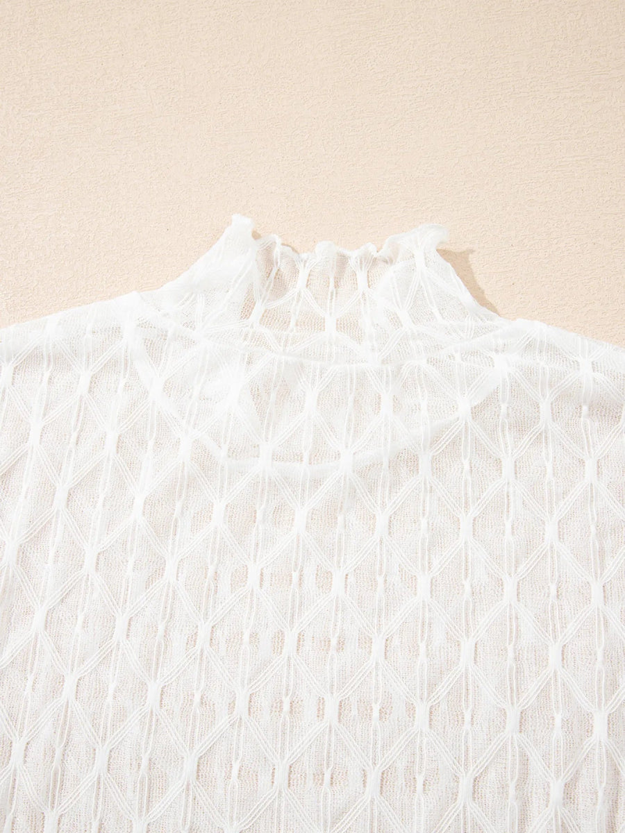 Sheer Mesh Patterned Lettuce Trim Slim Long Sleeve Top - CELIVINE