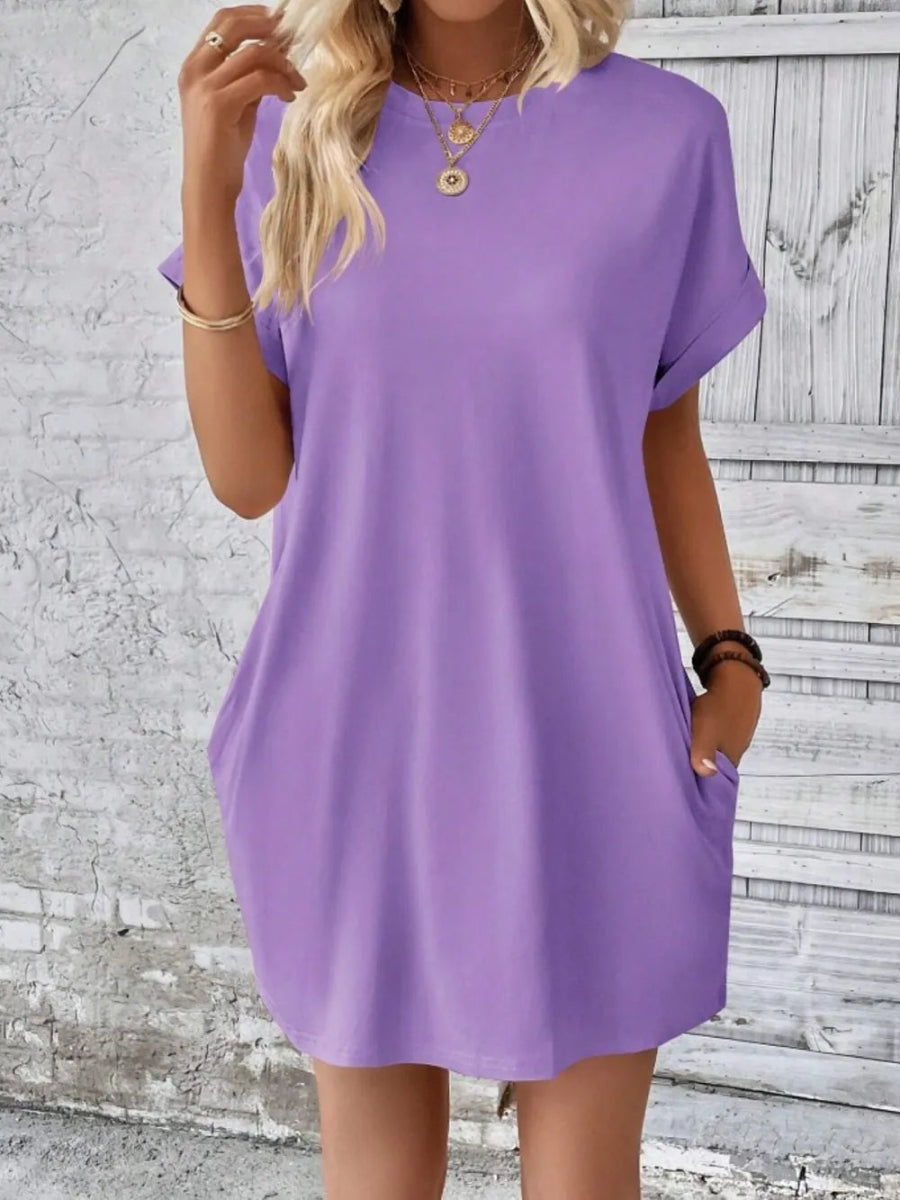 Pocketed Round Neck Short Sleeve Dress - CELIVINE