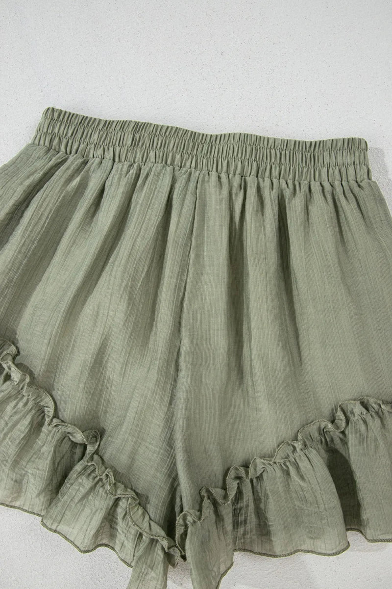 Textured Tie Waist Ruffle Hem Shorts - CELIVINE