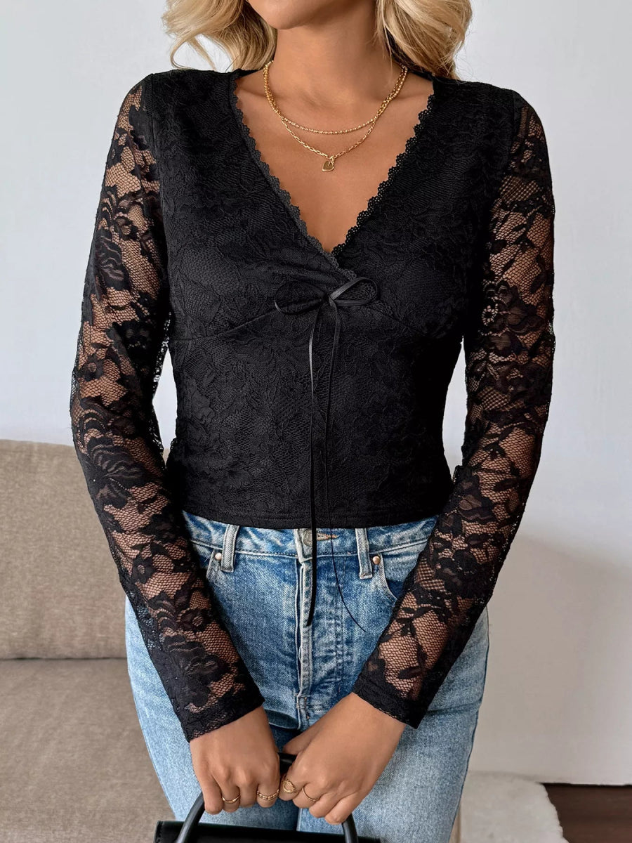 Long Sleeve Floral Lace Mesh Cropped Top - CELIVINE
