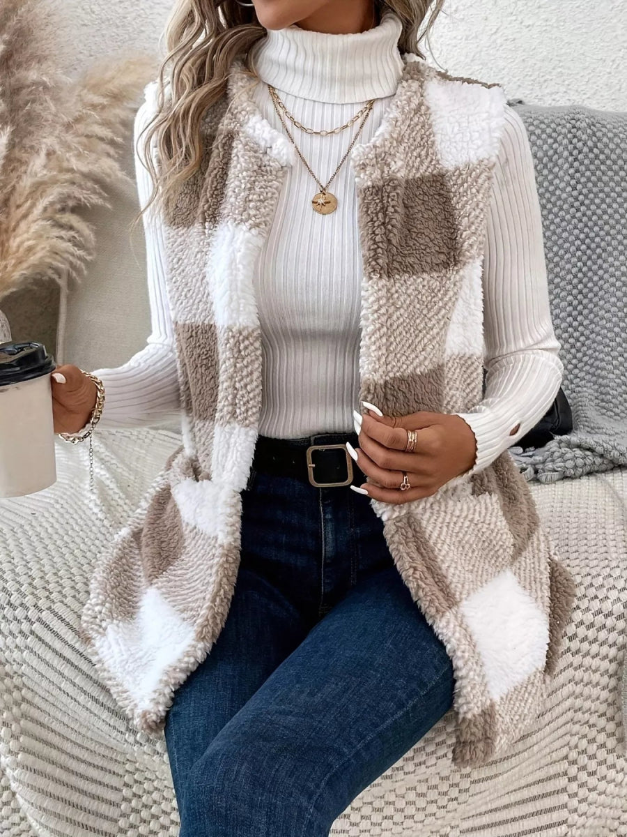 Plaid Sherpa Vest Coat with Pockets - CELIVINE