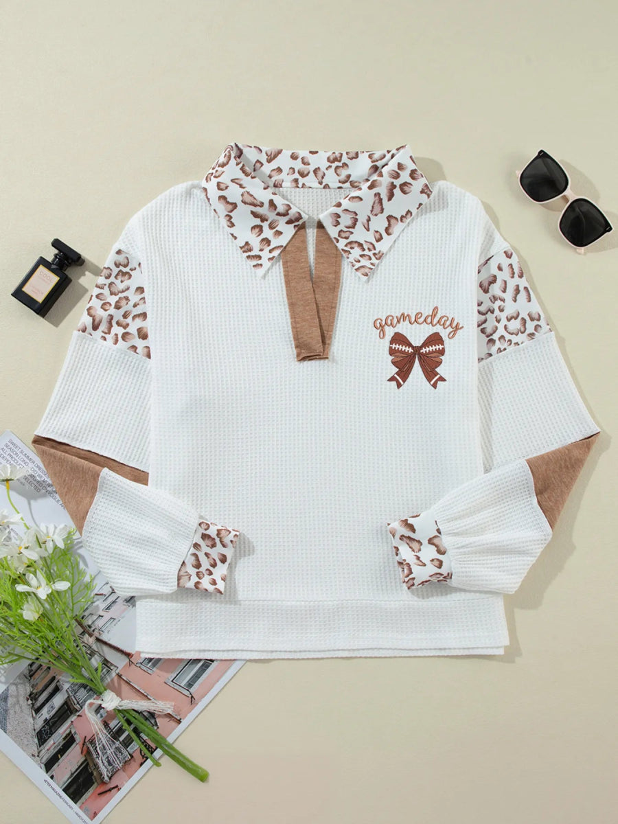 Game Day Bow Embroidered Leopard Color Block Patchwork sweater - CELIVINE