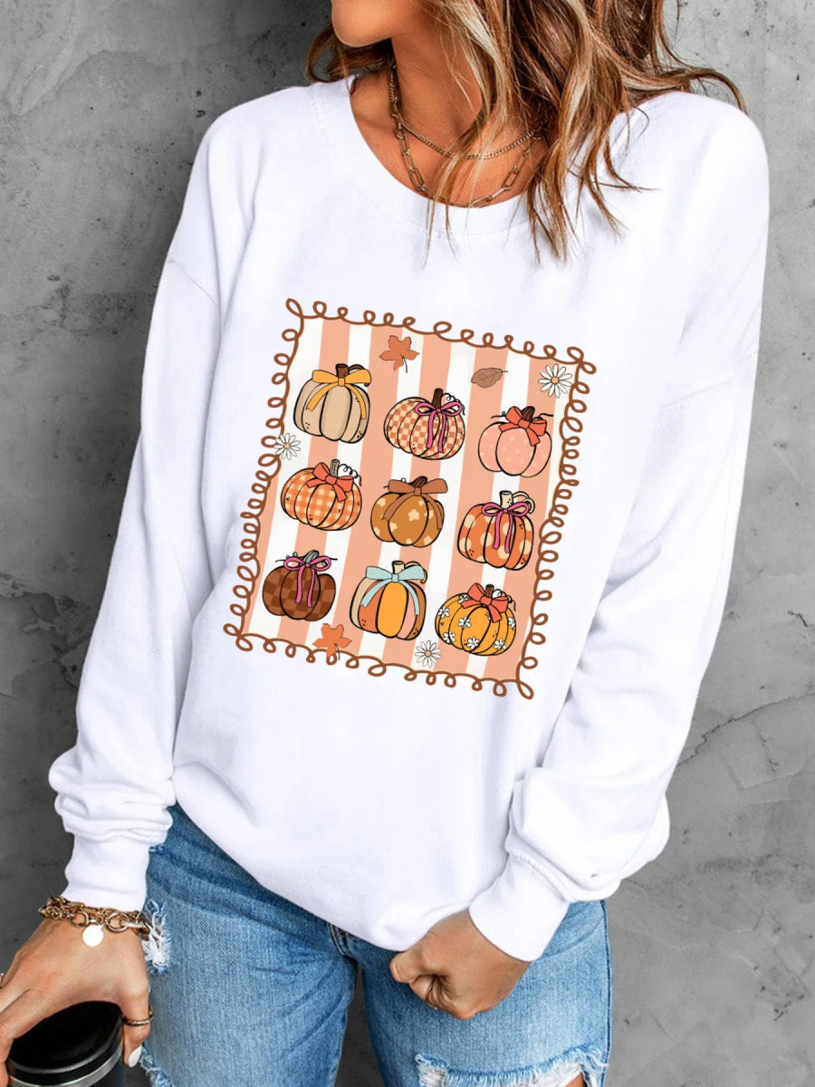 Pumpkin Graphic Round Neck Sweatshirt - CELIVINE