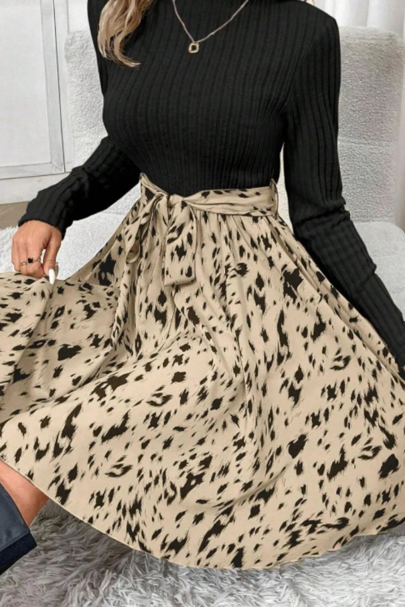 Printed Tie Waist Mock Neck Long Sleeve Dress - CELIVINE