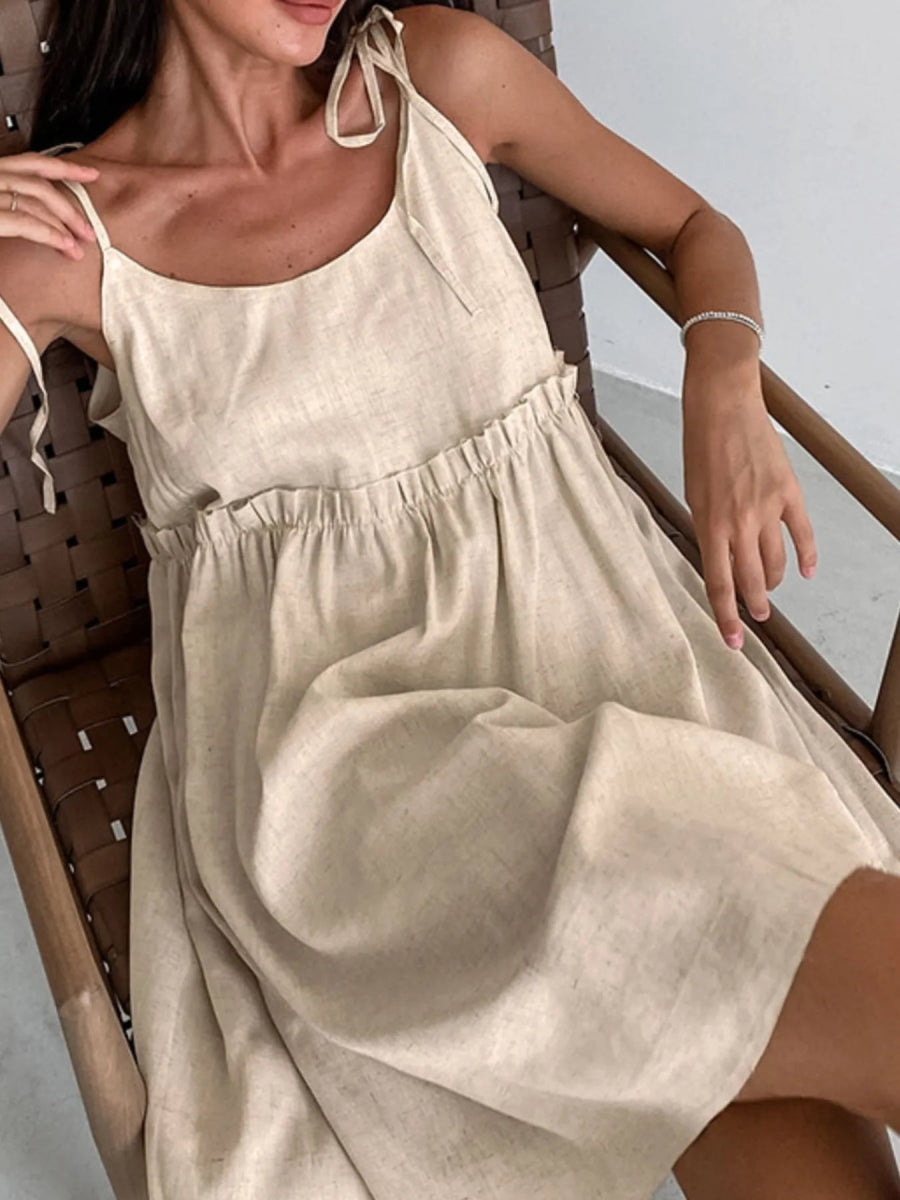 Tie - Shoulder Frill Mini Dress - CELIVINE