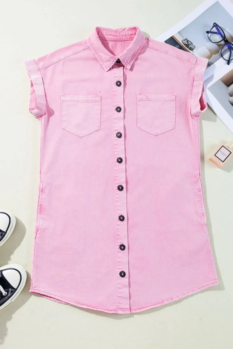 Button Down Short Sleeve Denim Dress - CELIVINE