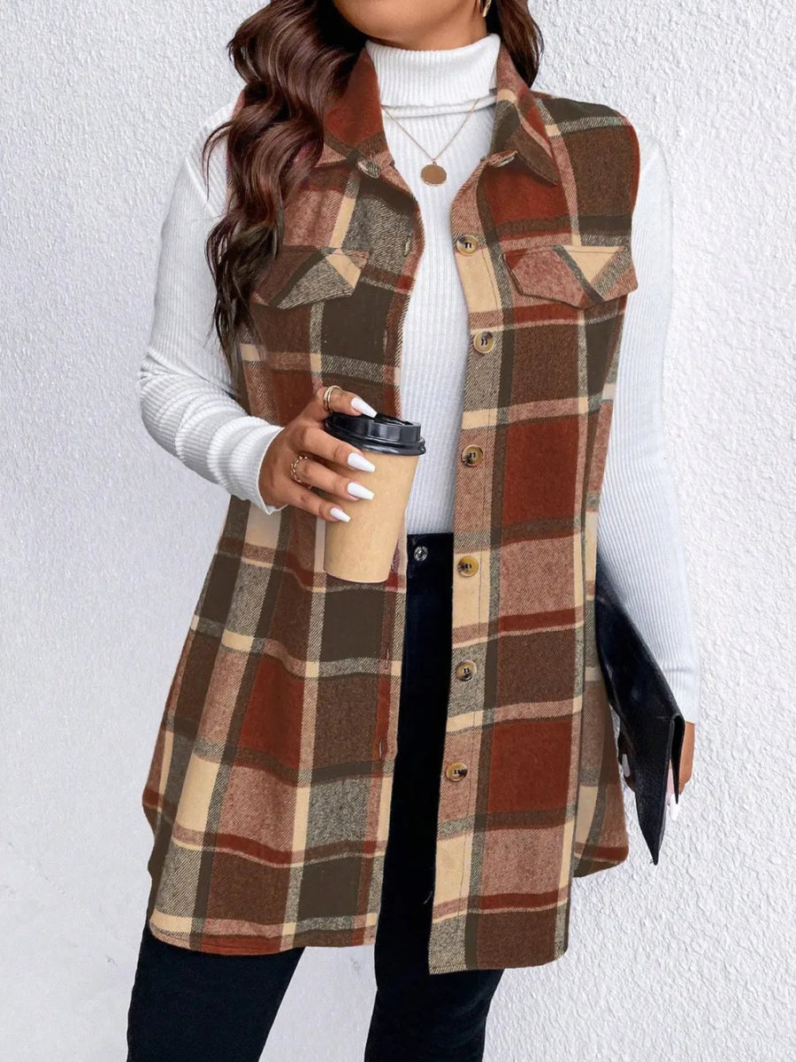 Honey Plus Size Pocketed Plaid Button Up Vest Coat - CELIVINE