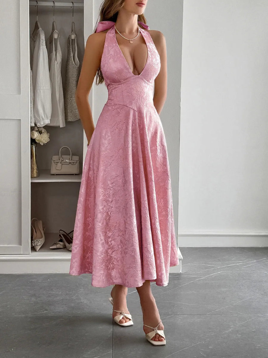 Halter Neck Midi Dress with Pockets - CELIVINE