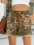 Raw Hem Drawstring Leopard Denim Shorts - CELIVINE