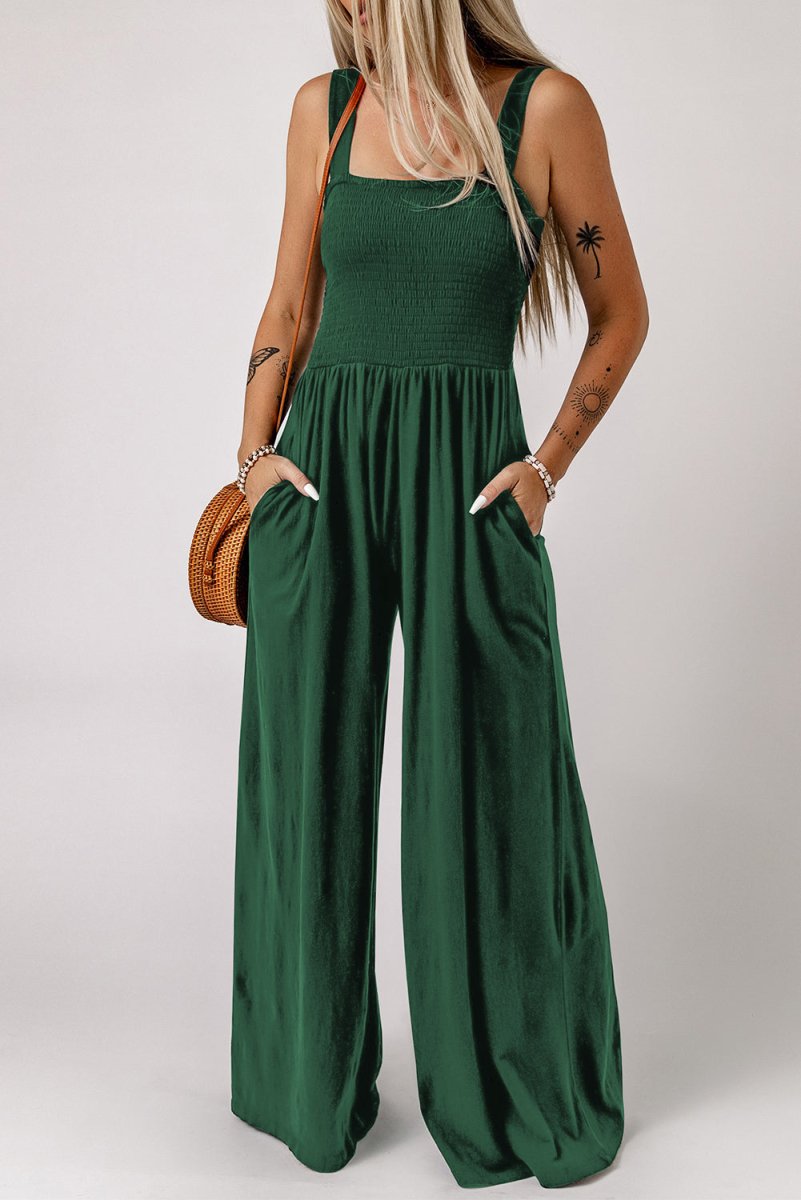 Smocked Square Neck Wide Leg Jumpsuit with Pockets - CELIVINE