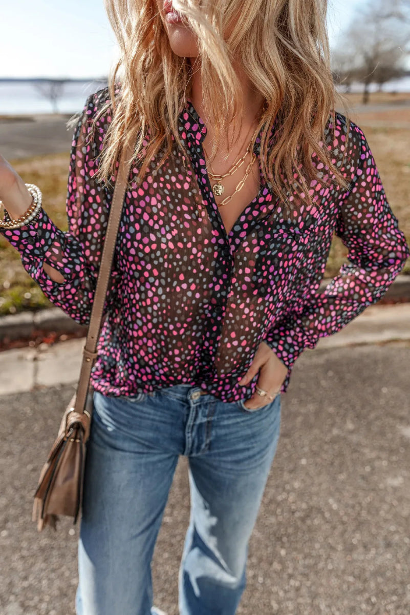 Printed Notched Long Sleeve Blouse - CELIVINE