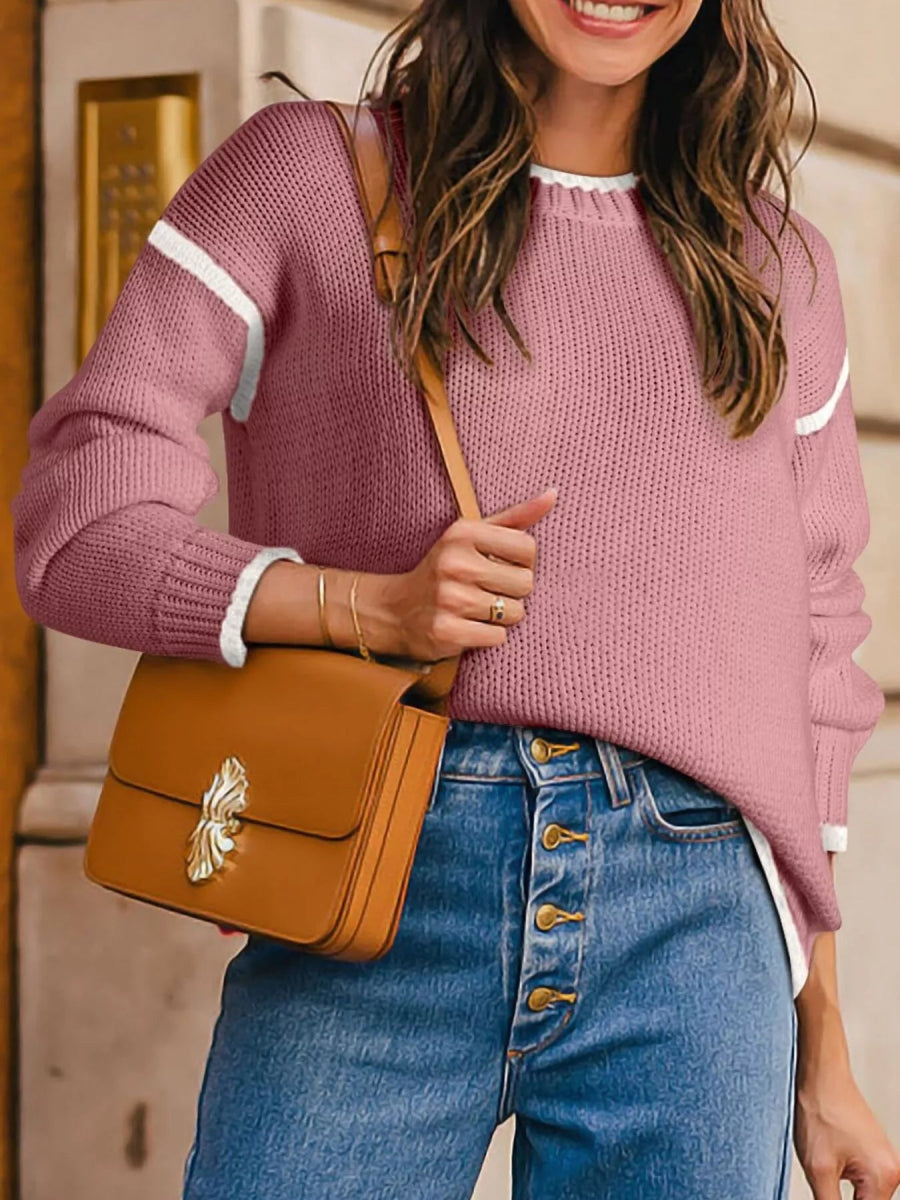 Contrast Trim Long Sleeve Sweater - CELIVINE