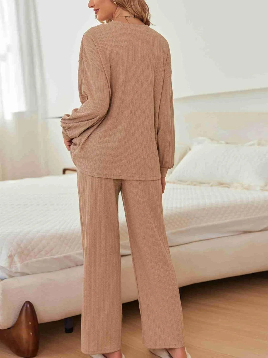 Ribbed Knit Top and Pants Lounge Set with Button Detail - CELIVINE