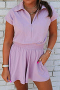 Short Sleeve Zipper Collared Elastic High Waist Romper - CELIVINE