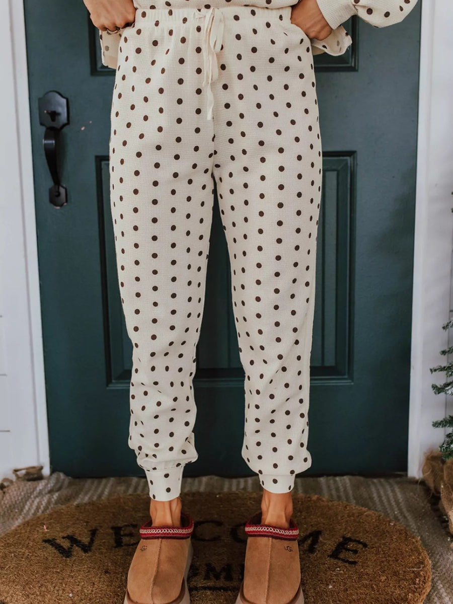 Polka Dot Notched Long Sleeve Top and Drawstring Joggers Lounge Set - CELIVINE