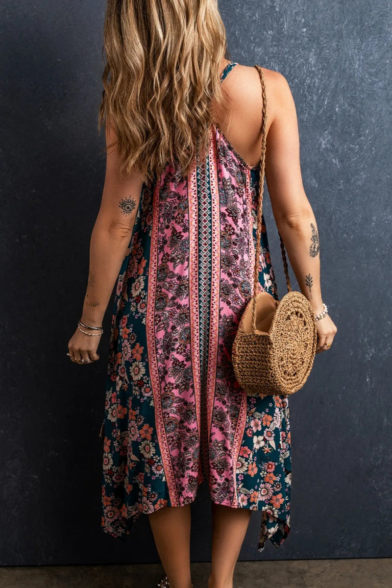 Printed V - Neck Midi Cami Dress - CELIVINE