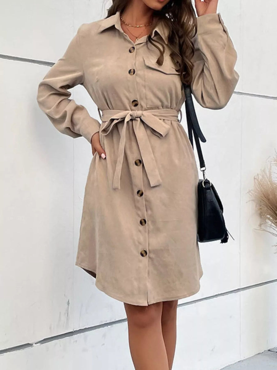 Button - Front Tie Waist Shirt Dress - CELIVINE