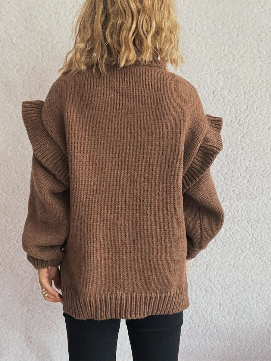 Ruffled Turtleneck Long Sleeve Sweater - CELIVINE