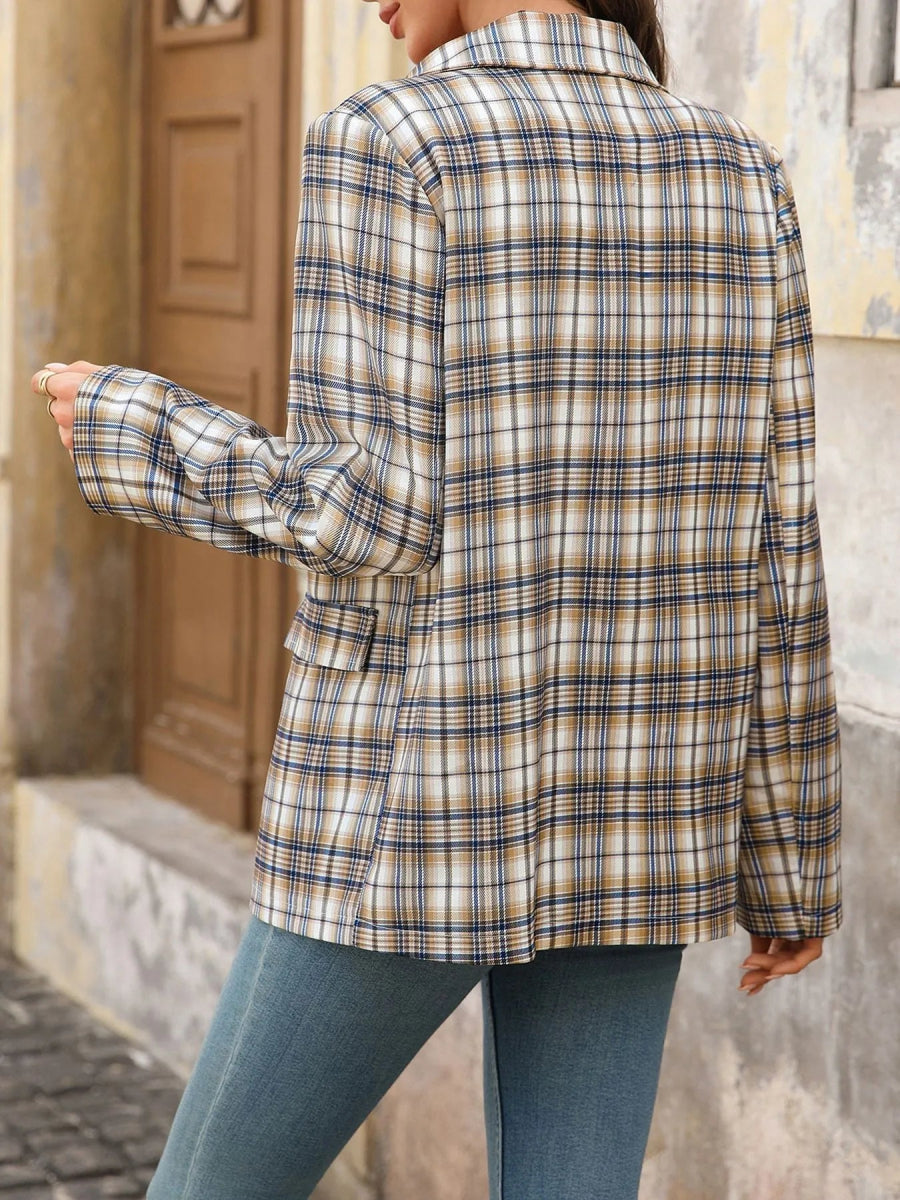 Number 87 Plaid Long Sleeve Blazer - CELIVINE