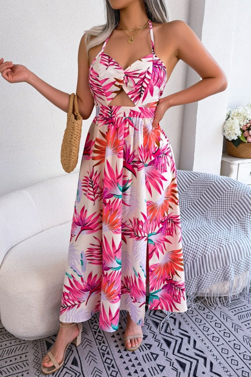 Botanical Print Tied Backless Cutout Slit Dress - CELIVINE