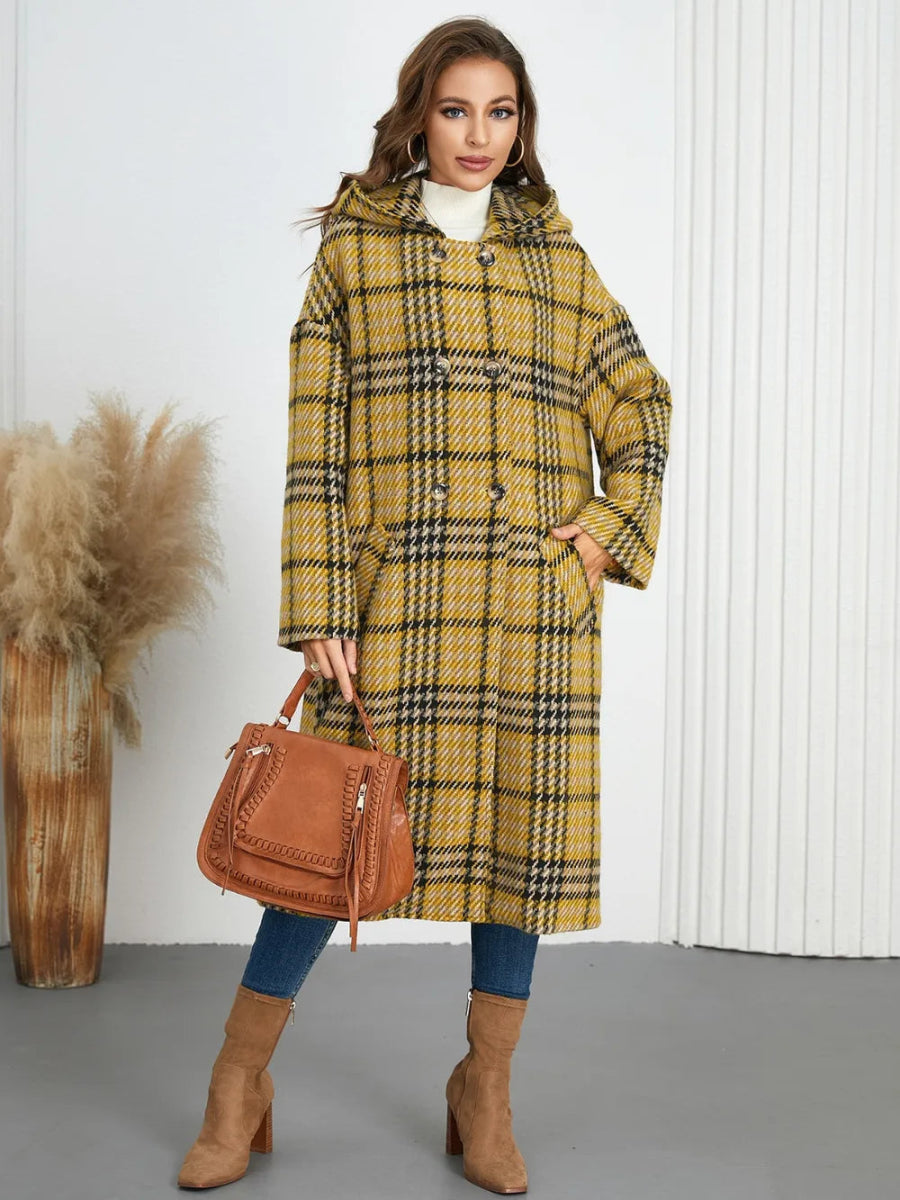 Plaid Double - Breasted Long Sleeve Longline Coat - CELIVINE