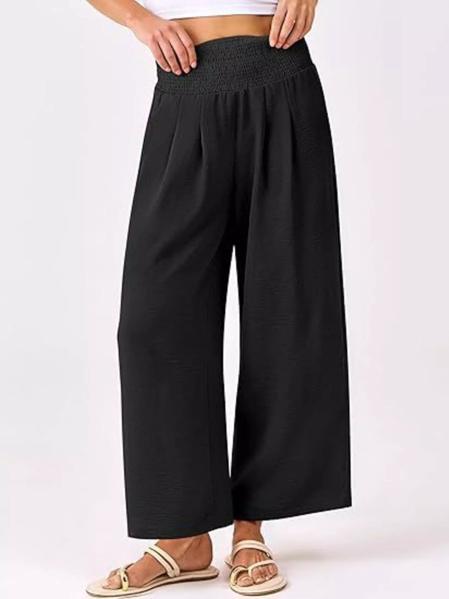 Wide Leg Smocked High Waist Pants - CELIVINE