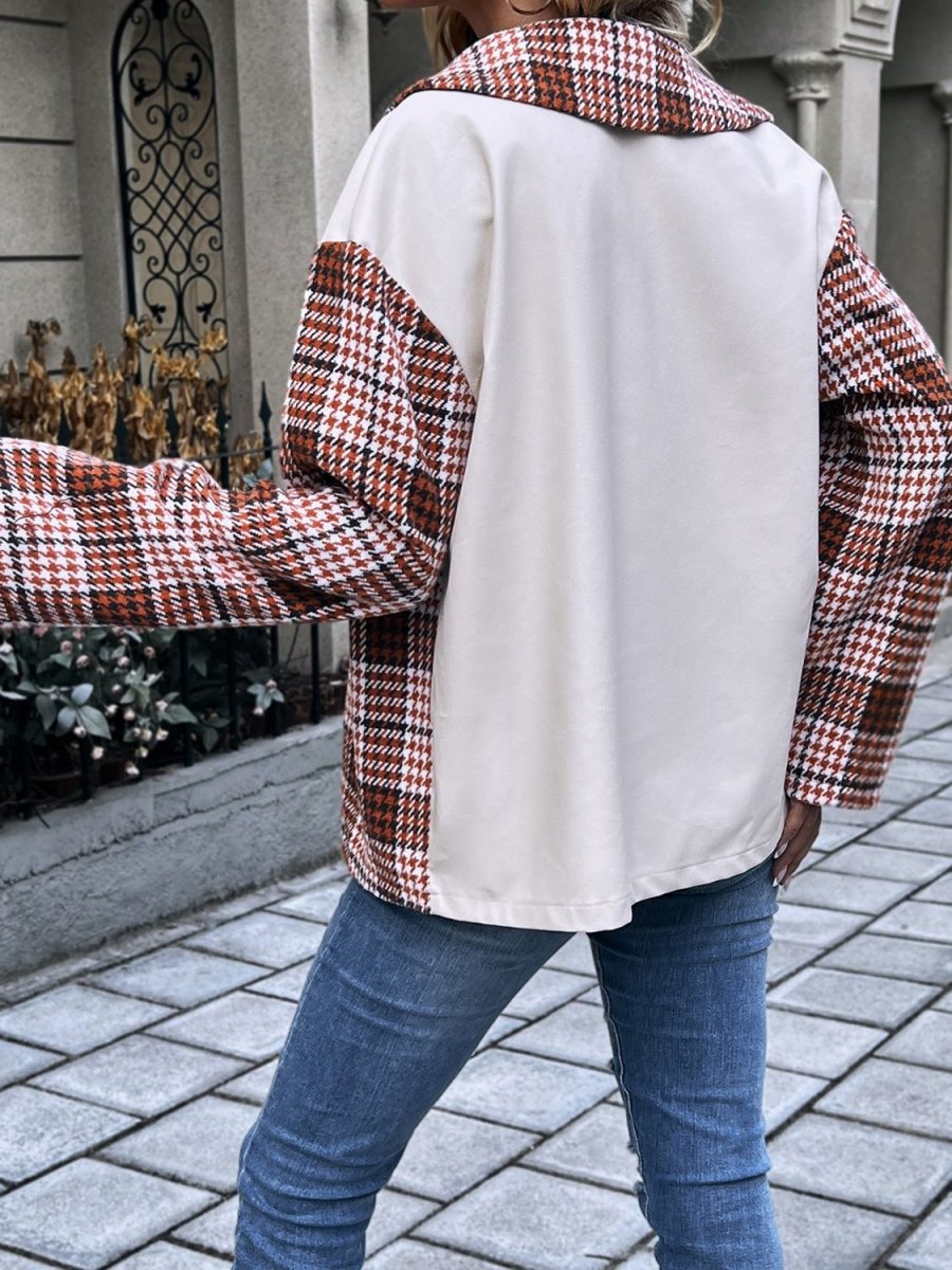 Plaid Collared Neck Drop Shoulder Jacket - CELIVINE