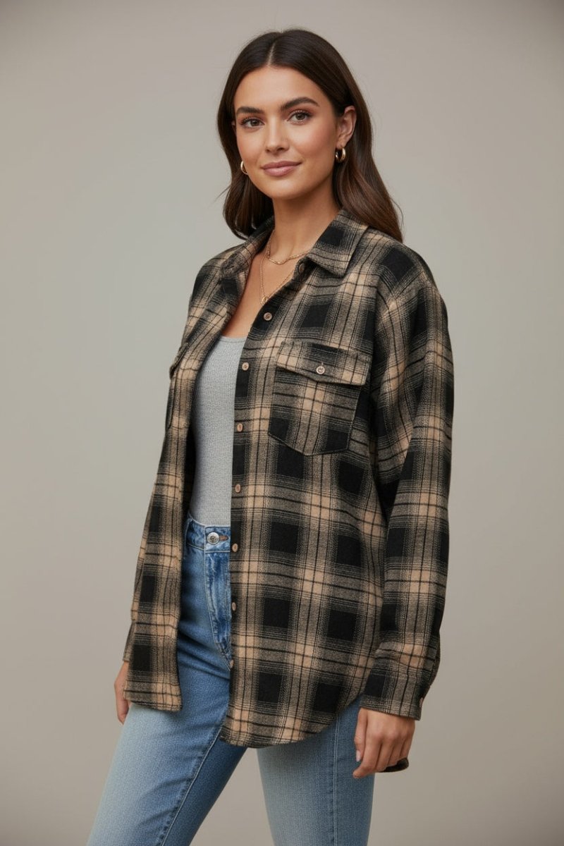 Plaid Double Flap Pocket Brushed Shacket - CELIVINE