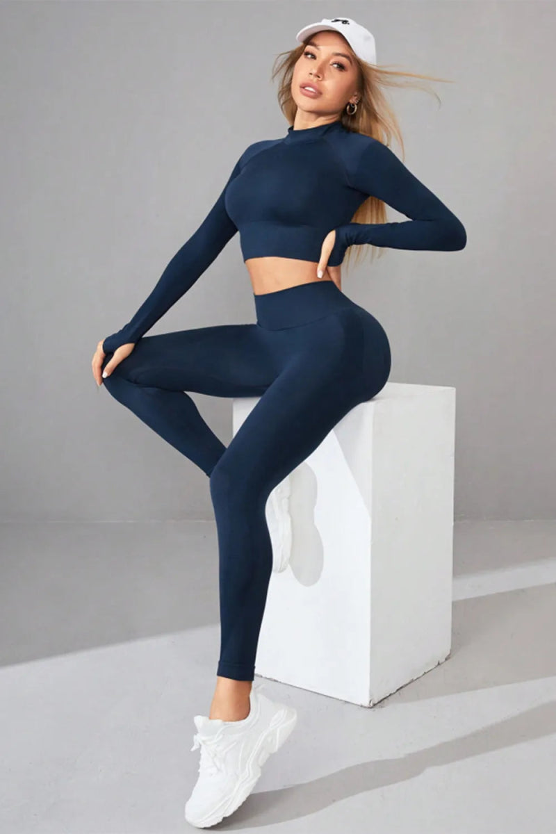 Mock Neck Long Sleeve Top and Pants Active Set - CELIVINE
