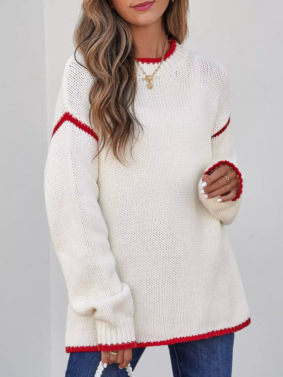 Contrast Trim Long Sleeve Sweater - CELIVINE
