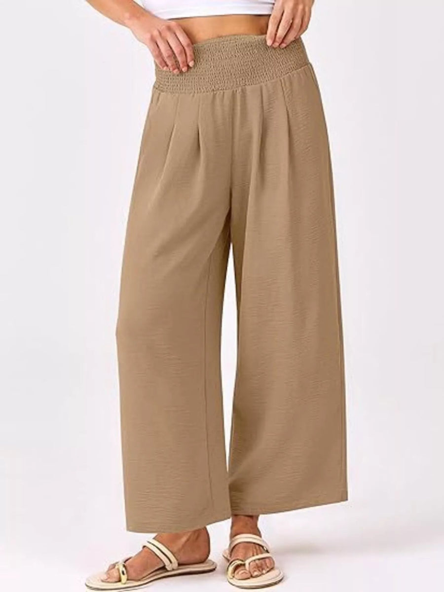 Wide Leg Smocked High Waist Pants - CELIVINE