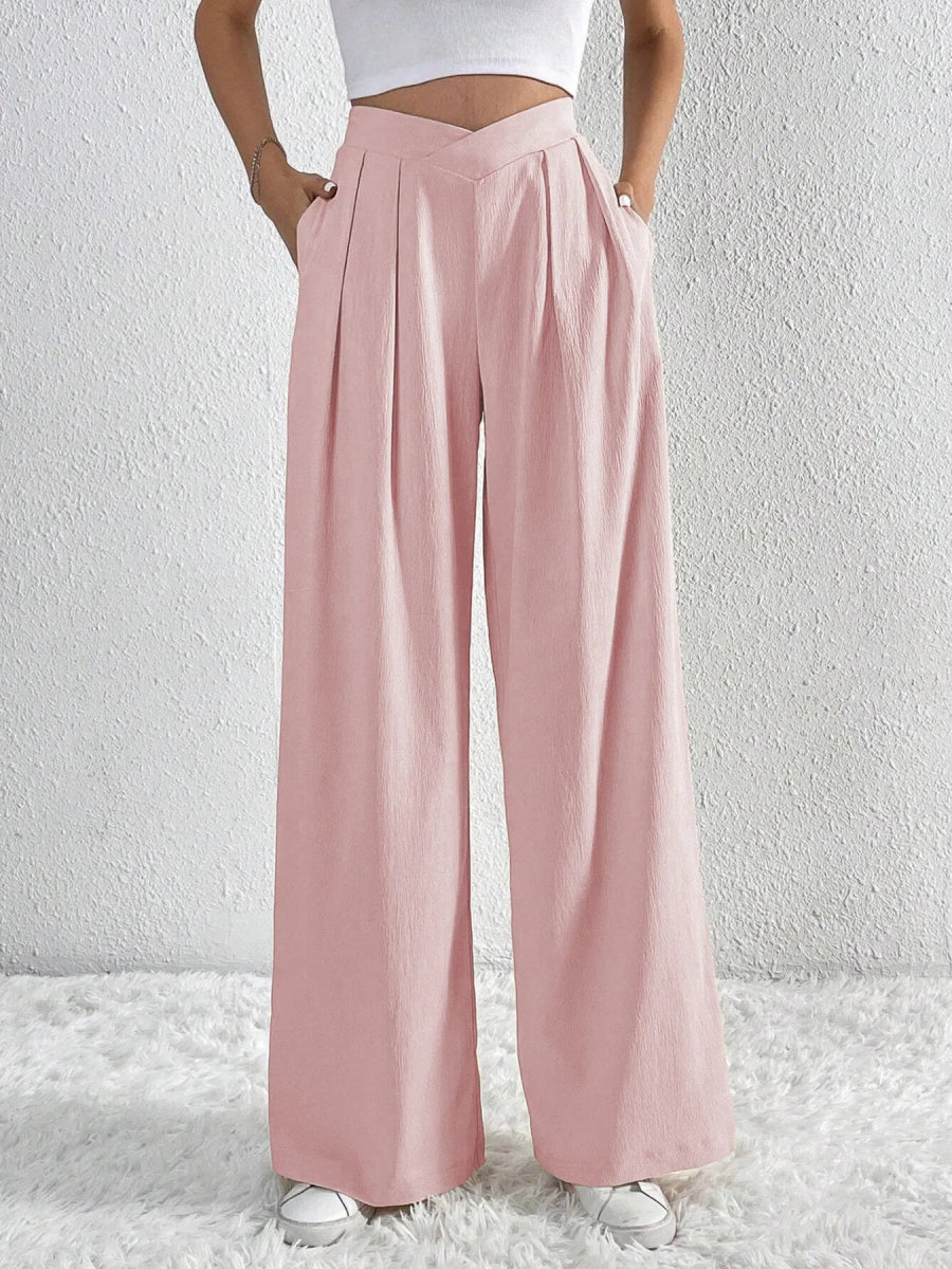 V - Waisted Ruched Front Wide Leg Pants - CELIVINE