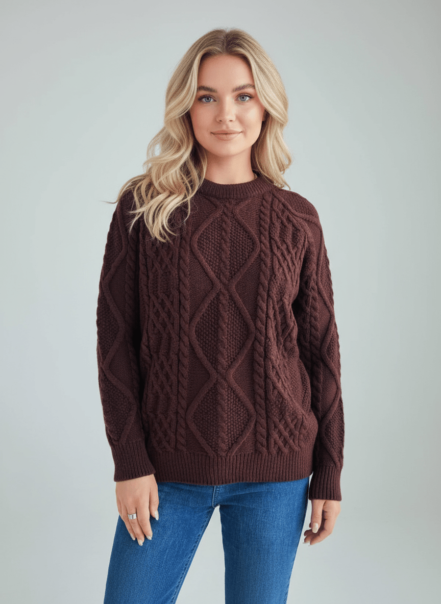 Cable Knit Long Sleeve Sweater - CELIVINE
