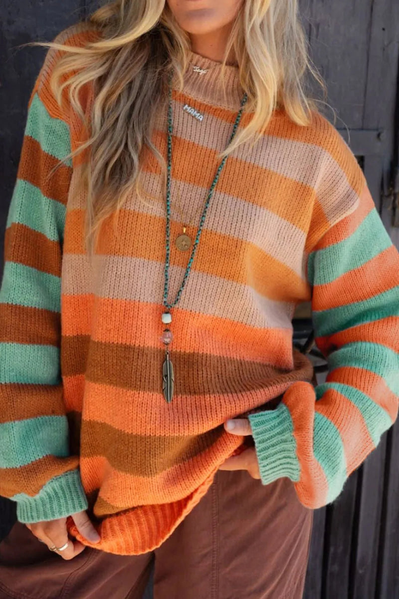 Striped Rainbow Long Sleeve Sweater - CELIVINE