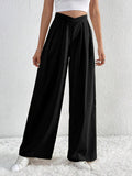 V - Waisted Ruched Front Wide Leg Pants - CELIVINE