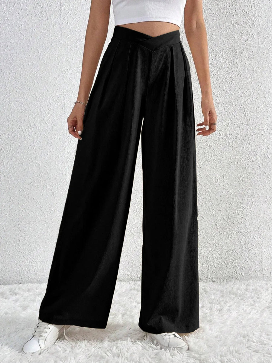 V - Waisted Ruched Front Wide Leg Pants - CELIVINE