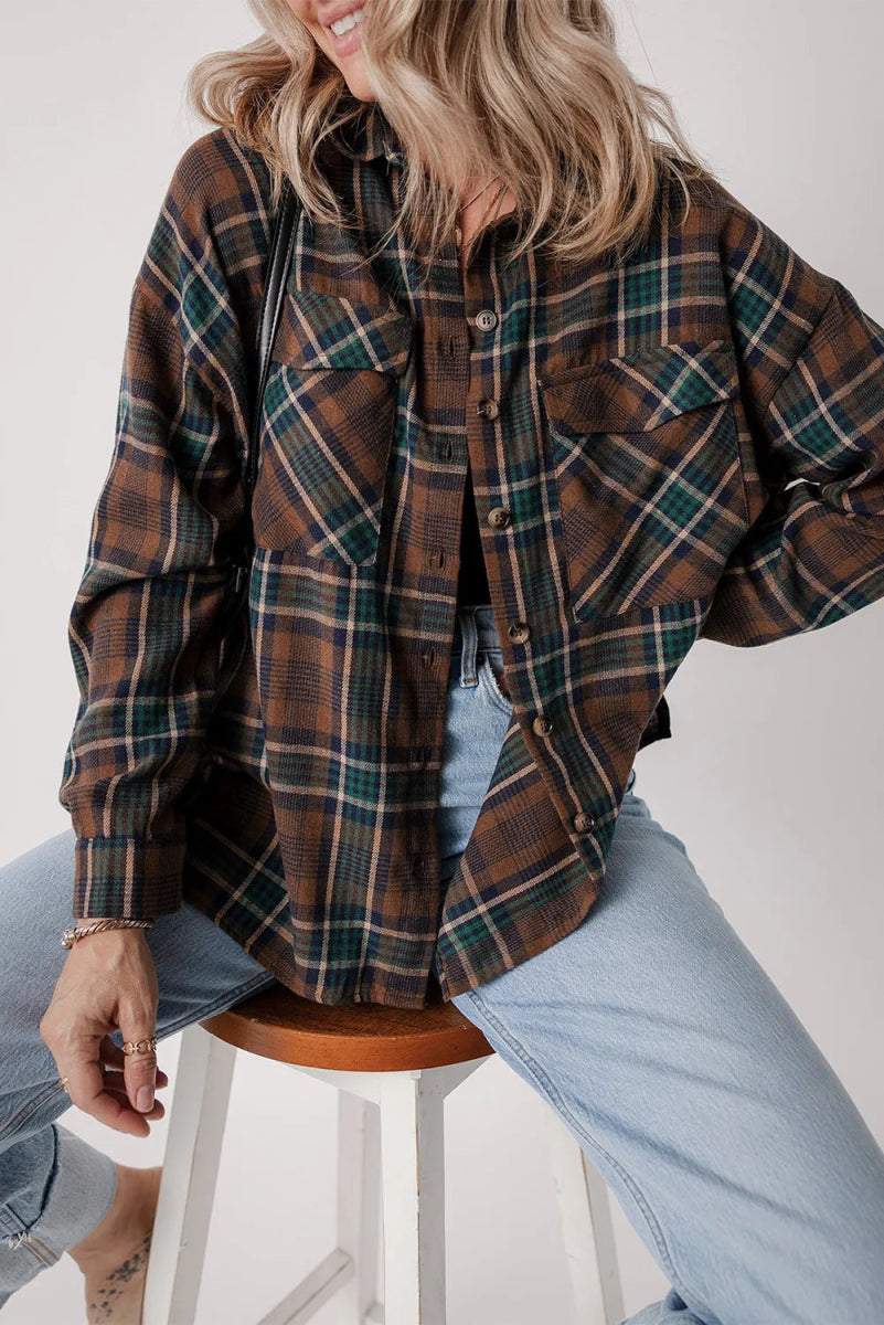Plaid Button Up Long Sleeve Jacket - CELIVINE