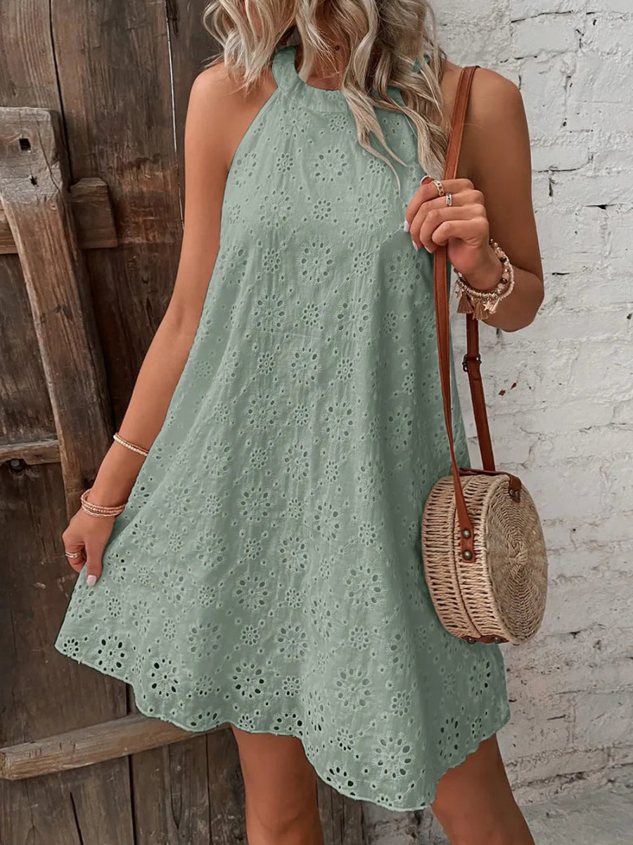 Eyelet Grecian Neck Mini Dress - CELIVINE