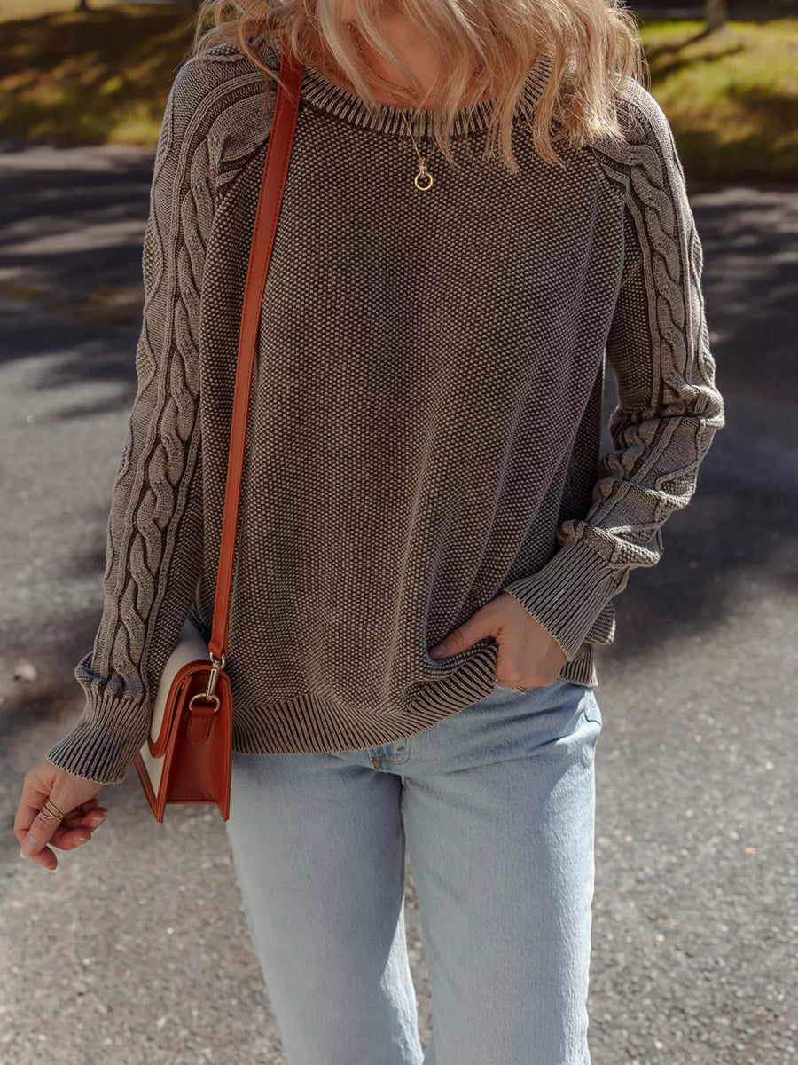 Contrast Cable Knit Sleeve Casual Sweater - CELIVINE