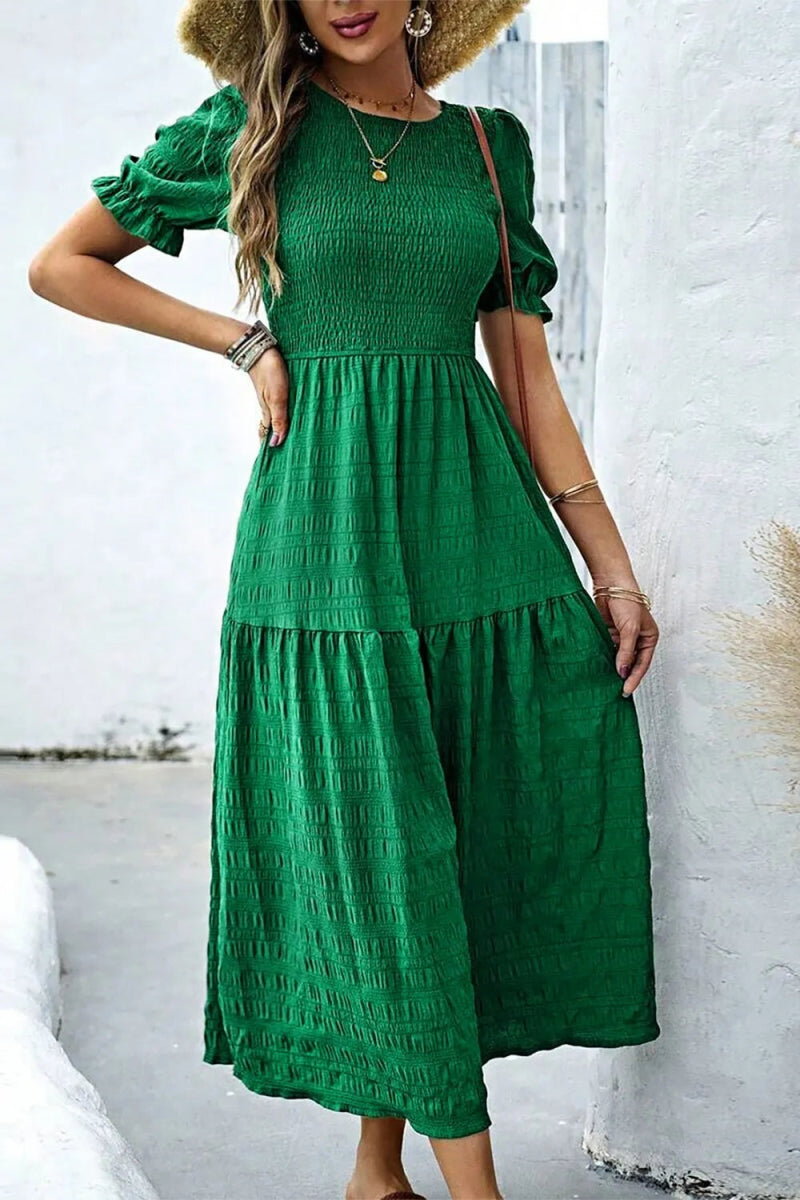 Smocked Puff Sleeve Midi Dress - CELIVINE