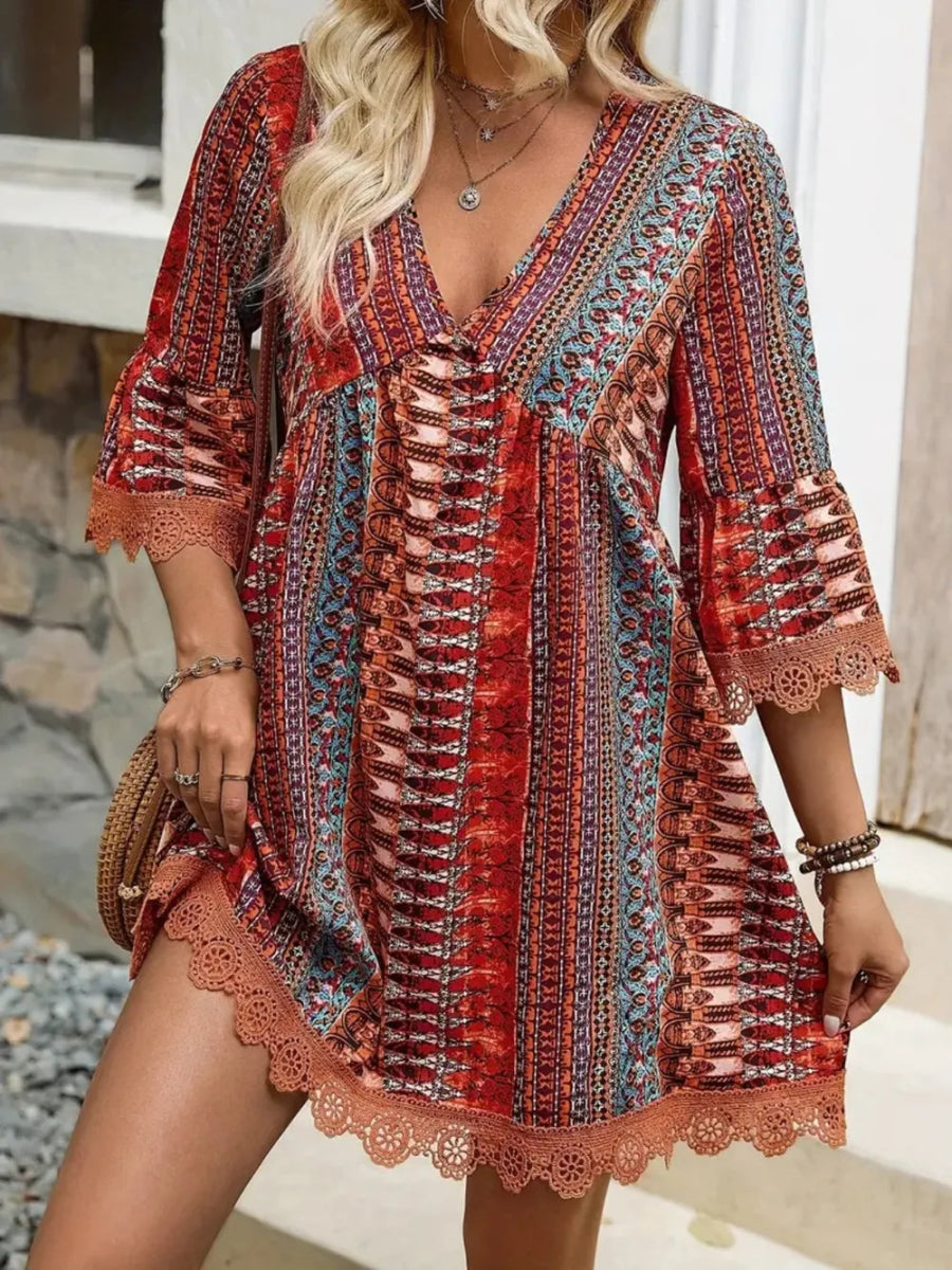 Lace Trim Printed V - Neck 3/4 Sleeve Dress - CELIVINE