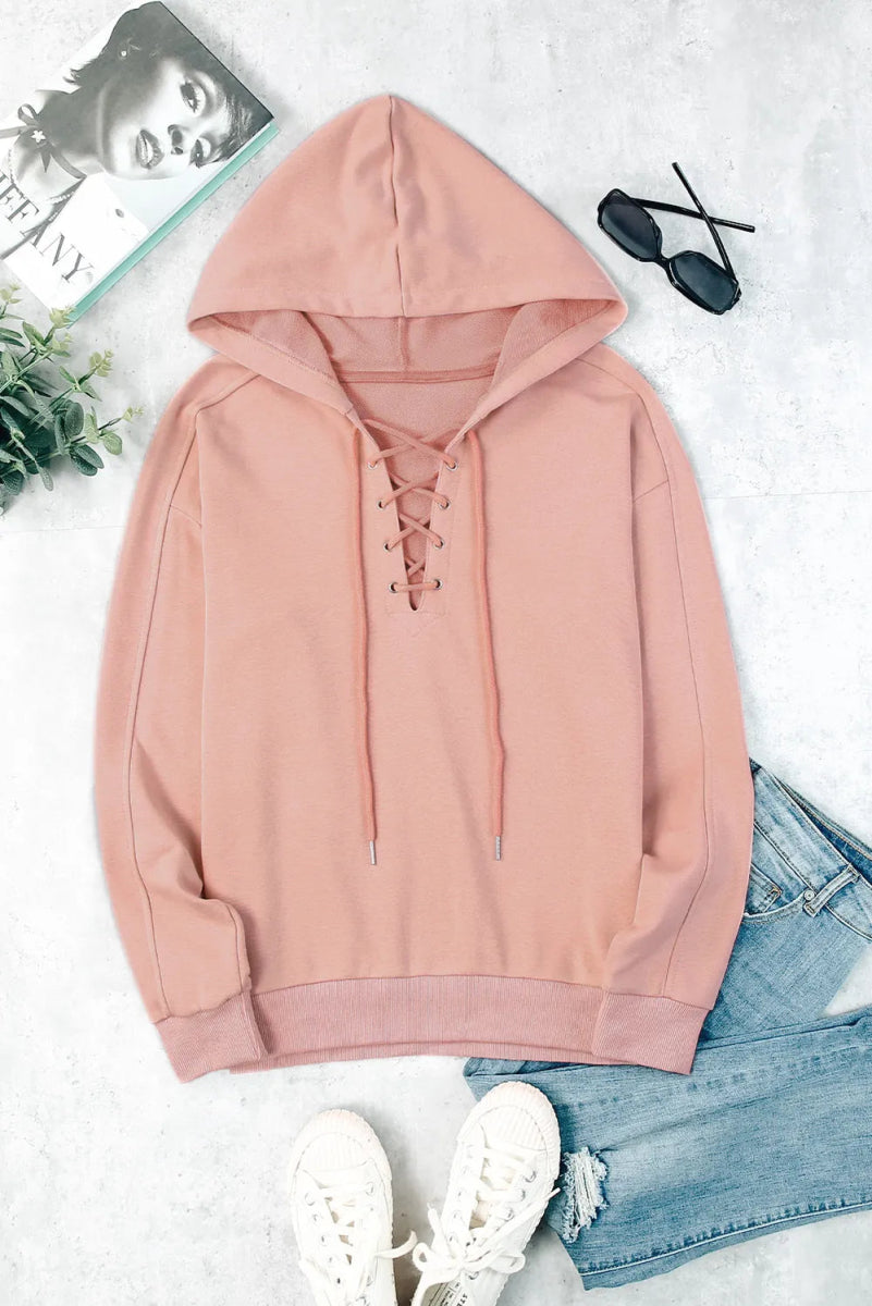 Lace Up Long Sleeve Hoodie - CELIVINE