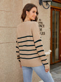 V - Neck Striped Dropped Shoulder Sweater - CELIVINE