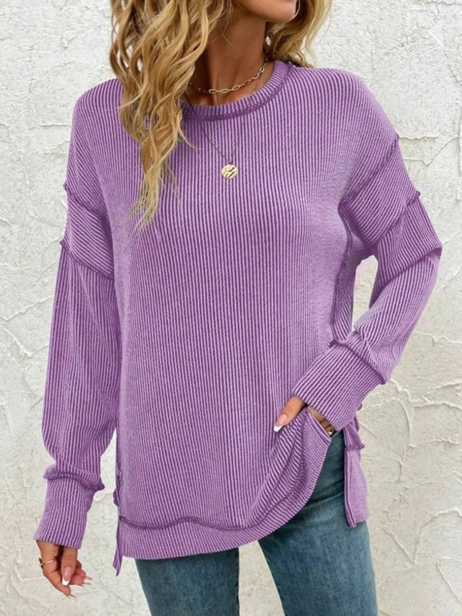 Side Slit Round Neck Dropped Shoulder Sweatshirt - CELIVINE