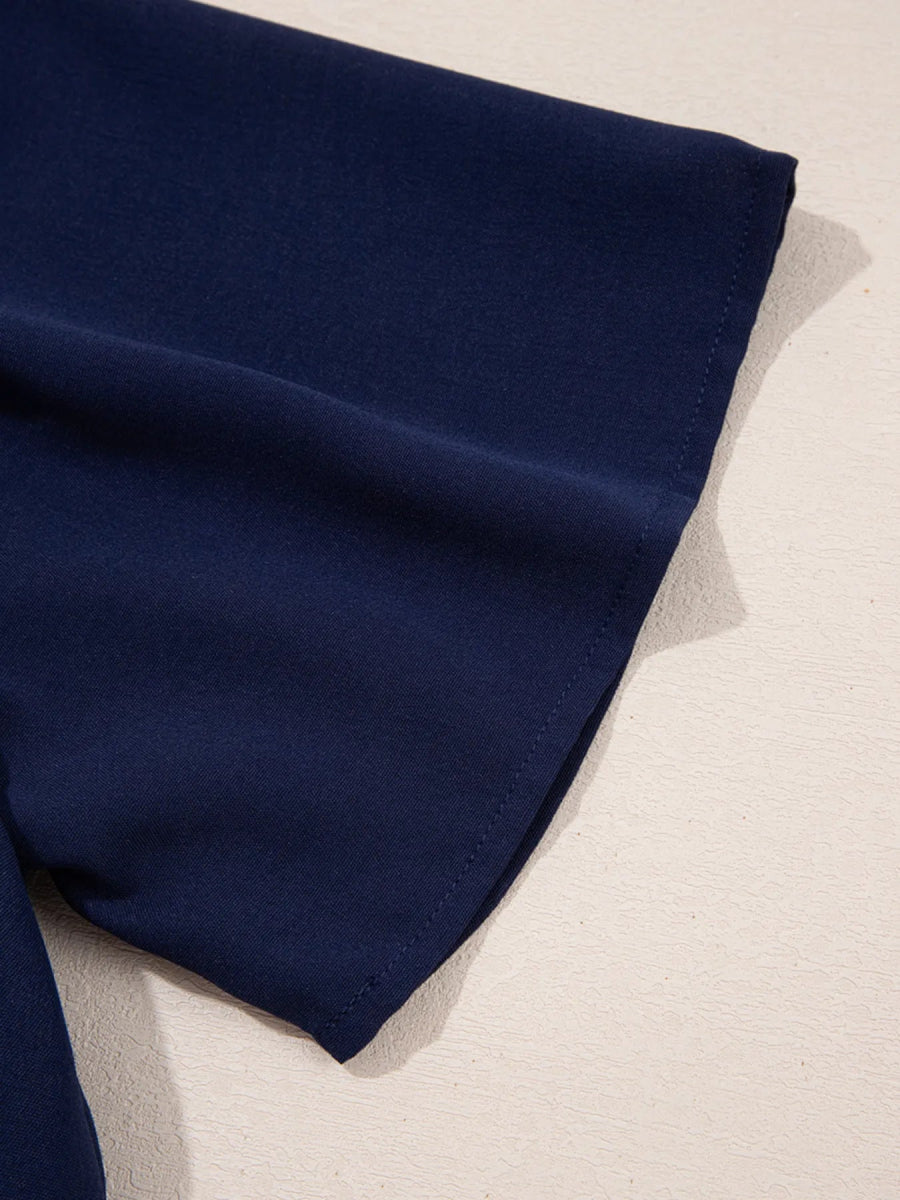 V Neck Buttoned Front Shirred Back Short Sleeve Midi Dress - CELIVINE