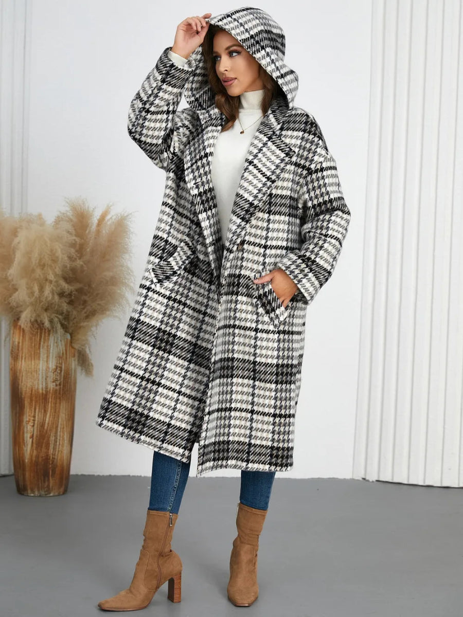 Plaid Double - Breasted Long Sleeve Longline Coat - CELIVINE